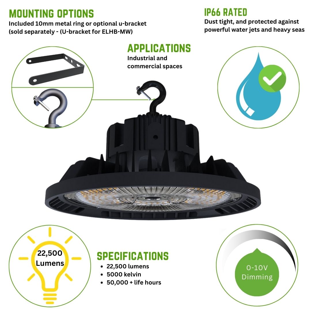 22,500 Lumens - 150 Watt (Adjustable) - 5000 Kelvin - UFO LED High Bay Light Fixture