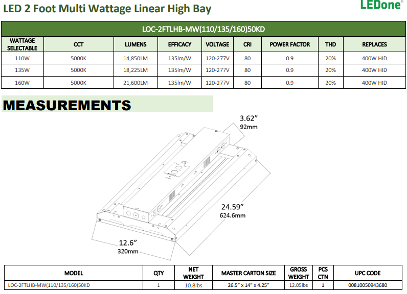 LEDone - 2FT LED Linear High Bay - Multi Wattage 110W/135W/160W - 5000K - 14,850LM - 21,600LM