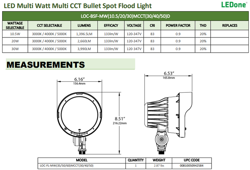 LEDone 30 Watt - 3,990 Lumen - 30/40/50K - Bullet Flood Lights