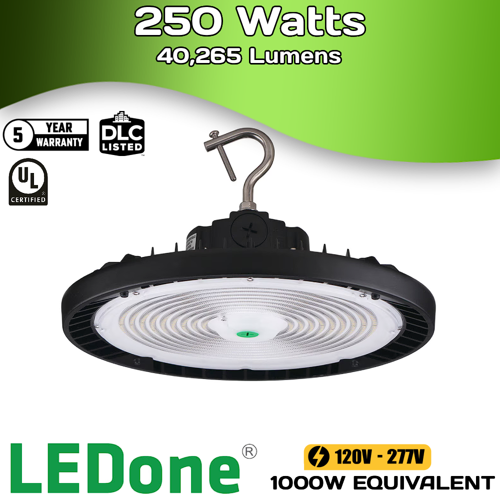 LEDone 250 Watt UFO LED High Bay Light | 37,500 Lumens | 5000K | Wattage Selectable Commercial Warehouse Lighting